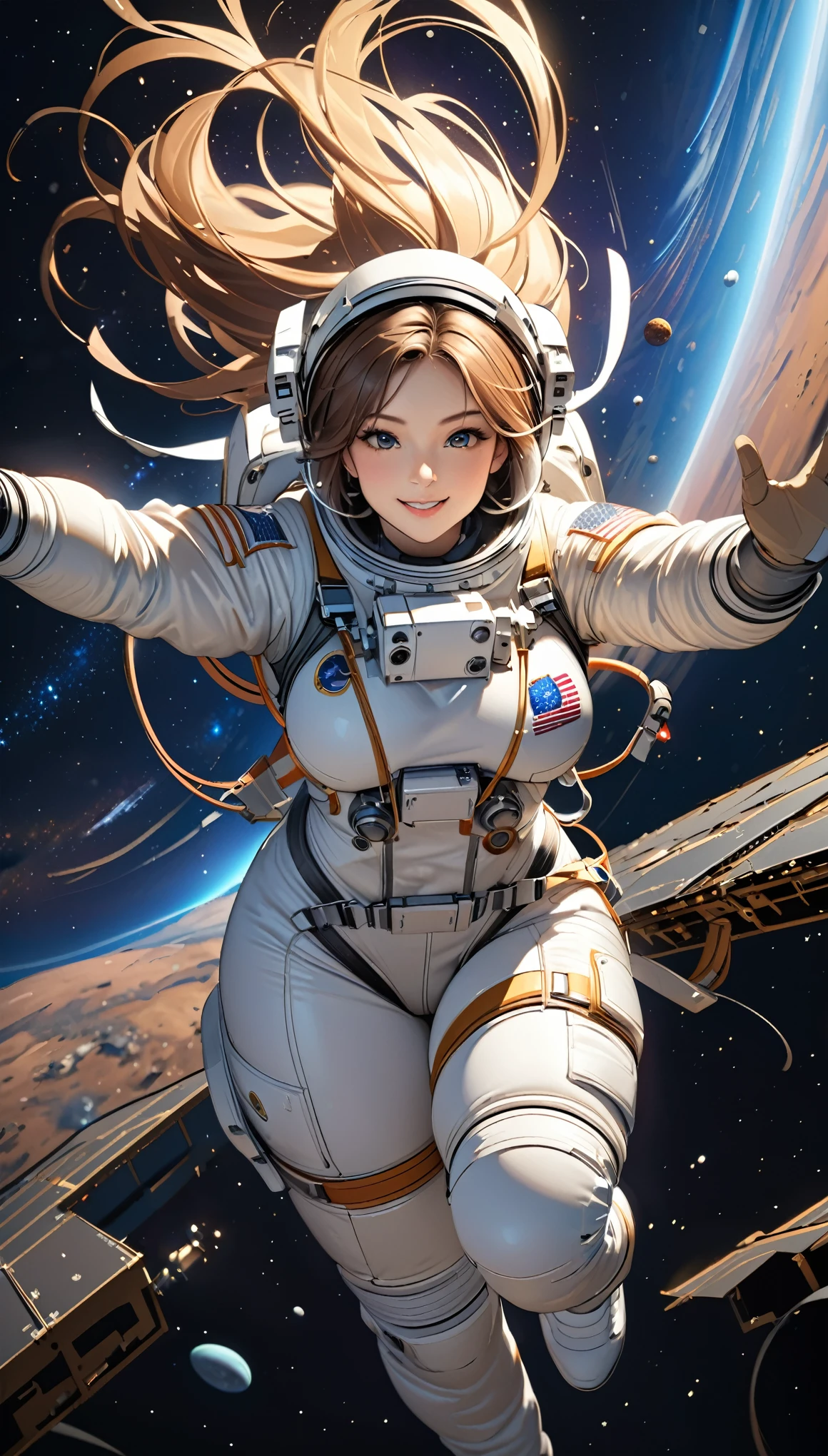 (masterpiece:1.2, Highest quality,High resolution,Very detailed),8k,wallpaper,(Female astronaut doing a spacewalk),Spacesuit,Milky Way,milky way,(Cute smile),(sexy),(Voluptuous:1.3),(Rendering something floating in space),(((Hand,detailed,perfect,perfection,hands))),(dynamic:1.5),(action shot)
