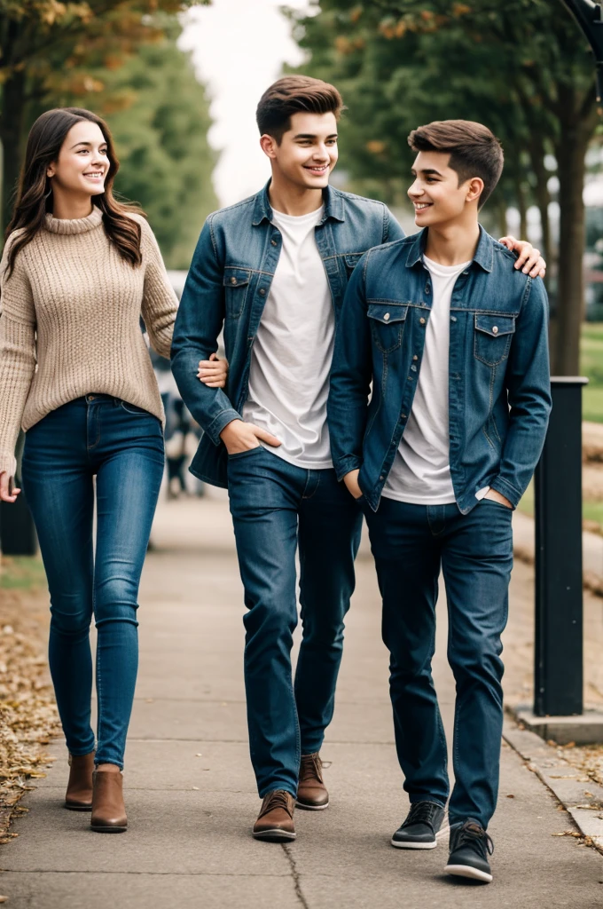 A young woman walks holding a young man's hand.