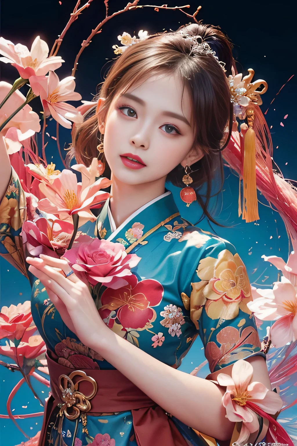 (masterpiece, Highest quality, Highest quality, Official Art, beautifully、aesthetic:1.2), (One girl:1.3), whole body:1.5, Very detailed,(Fractal Art:1.1),(colorful:1.1)(Flowers:1.3),Most detailed,(Tangled:1.2), (Dynamic pose), (Abstract background:1.3), (Chinese traditional cloth:1.2), (Glowing Skin), (Many colors:1.4), ,(Earrings:1.4), flower,