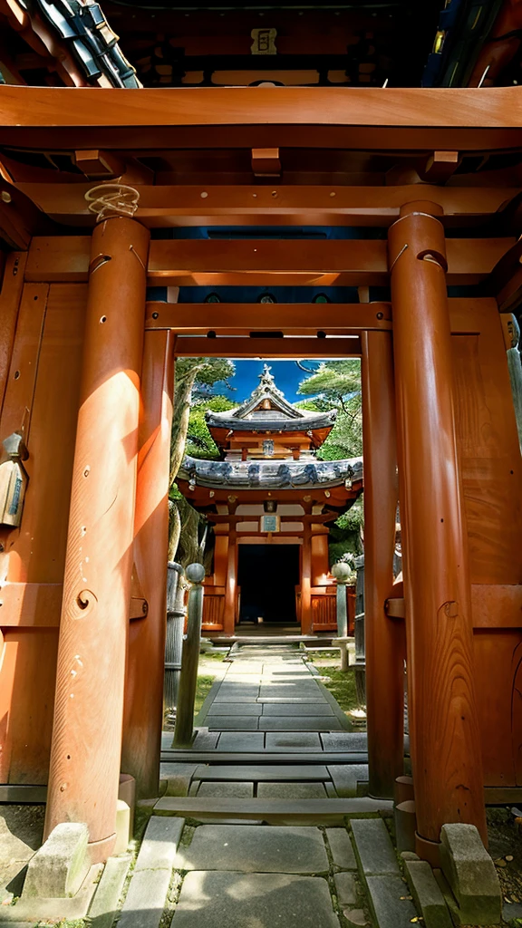 There is a red building with a blue roof and a red door., Inari shrine, shrine, Japanese shrine, Japan legacy, Traditional Japanese colors, centered torii gate, ancient Japanese architecture, Japanese architecture, Japan Tourism, Kamakura Period, Traditional Japanese, near a Japanese shrine, Inspired by Ito Jakuchu