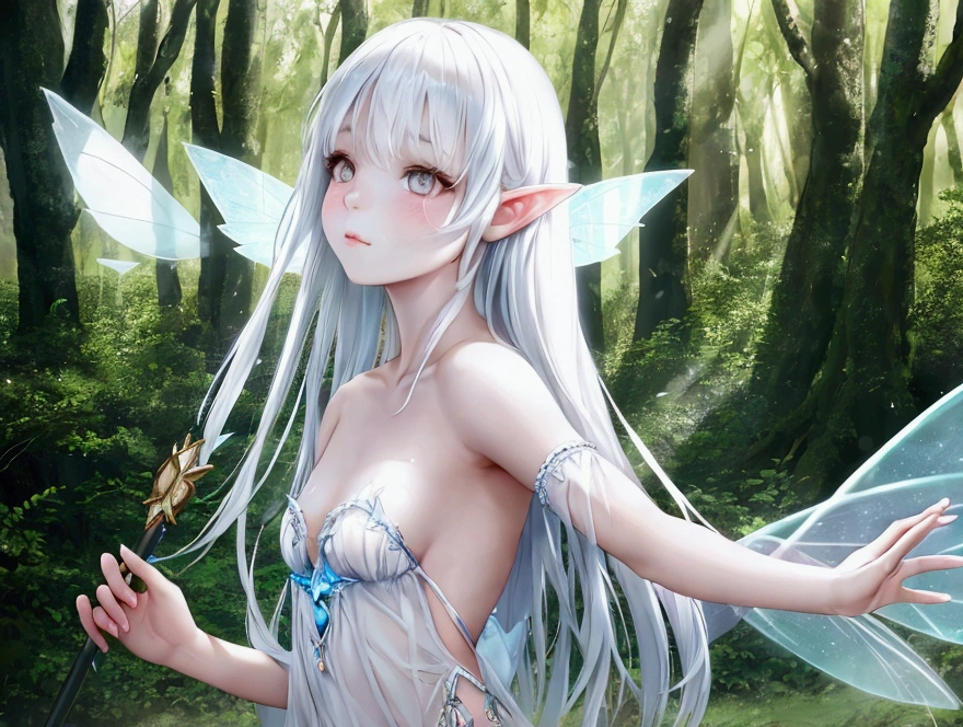 One fairy girl, Beautiful Face, ((White eyes)),, Fairy Wings, performer, space, (Lightroom:1.13), Soft Light, (Natural skin texture:1.2), (Hyperrealism:1.2), Sharp focus, Concentrated,In the mysterious forest,Detailed clothing design,medium shot, cowboy shot