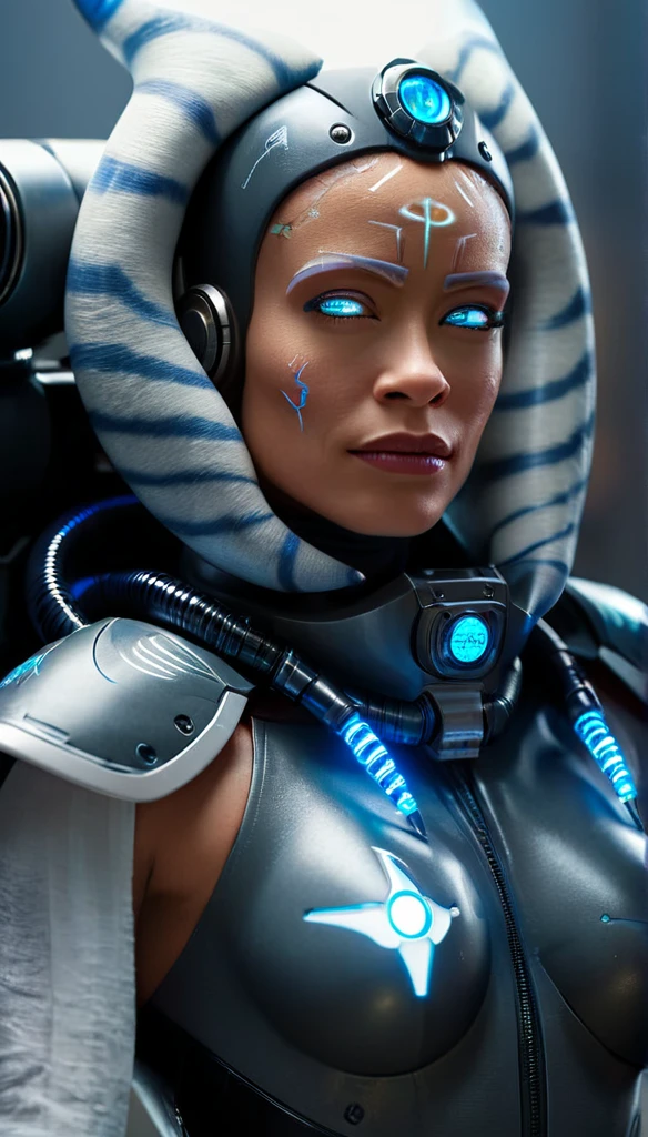 A futuristic cyborg woman with glowing blue circuitry, dramatic lighting, intricate mechanical details, hyper-realistic, 8k, volumetric lighting, cinematic composition, depth of field, photorealistic, highly detailed, vibrant colors, studio lighting, sci-fi, blue and black color scheme