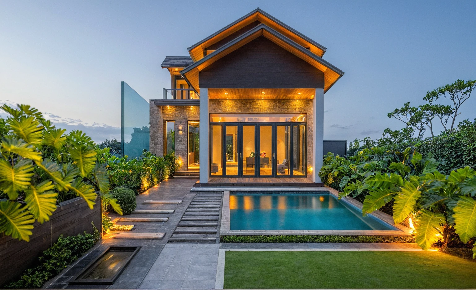 head of&#39;artwork, high quality, best quality, Authentique, Great detail, En plein air, villa de plain-piedXL, groupe aiai, house style modern with poolside , white wall ,poolside,wooden deck, pavement, grass, trees, Sky at dusk, nuvens, (day light:1.1)
