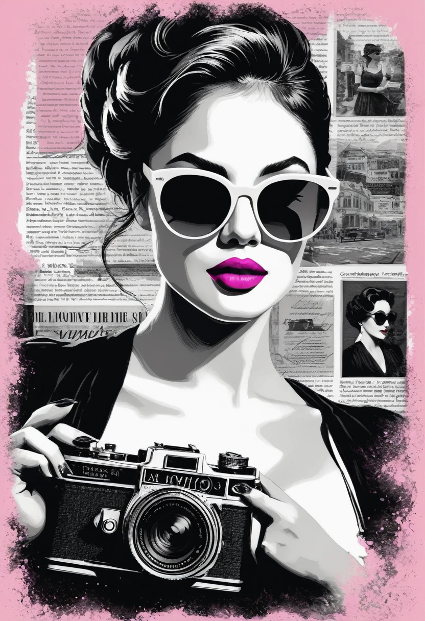 A captivating black and white sketch of a woman, sporting round, pink-tinted sunglasses and holding a vintage camera. The camera is prominently displayed in the foreground, adding depth to the artwork. In the background, textual elements from a book or newspaper blend seamlessly with the scene, creating an intriguing depth and texture. The woman's sunglasses partially conceal her eyes, while her bold red lips contrast against her monochrome appearance. The text from the background perfectly overlaps her skin, making for a striking visual impact. This composition masterfully combines art and text, resulting in an enthralling and thought-provoking piece.