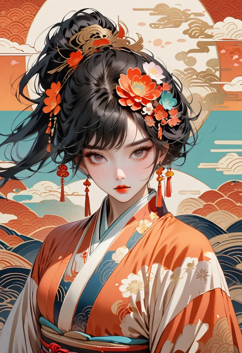 ((Extremely detailed CG unit 8k wallpaper, masterpiece, high resolution, Top quality, Top qualityのリアルテクスチャスキン)), (a very beautiful woman, Full lips, Upper Body, Hands in pockets:1.5, Japanese short outer box:1.2, Parka, Ultra mini shorts), (A black-haired, Messy hair, White skin), ((Colorful background design, Japanese pattern background, warm color)), (Surrealism, number),