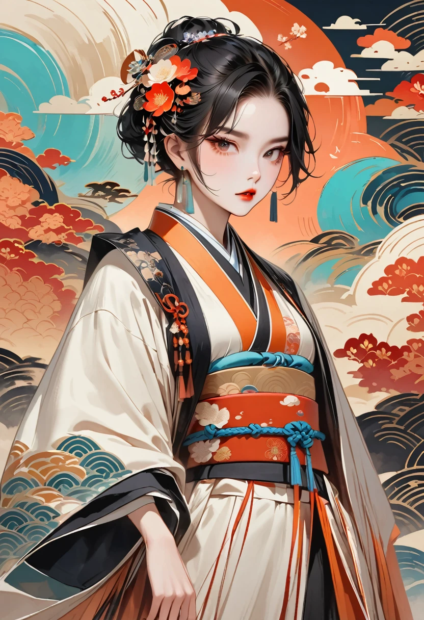 ((Extremely detailed CG unit 8k wallpaper, masterpiece, high resolution, Top quality, Top qualityのリアルテクスチャスキン)), (a very beautiful woman, Full lips, Upper Body, Hands in pockets:1.5, Japanese short outer box:1.2, Parka, Ultra mini shorts), (A black-haired, Messy hair, White skin), ((Colorful background design, Japanese pattern background, warm color)), (Surrealism, number),