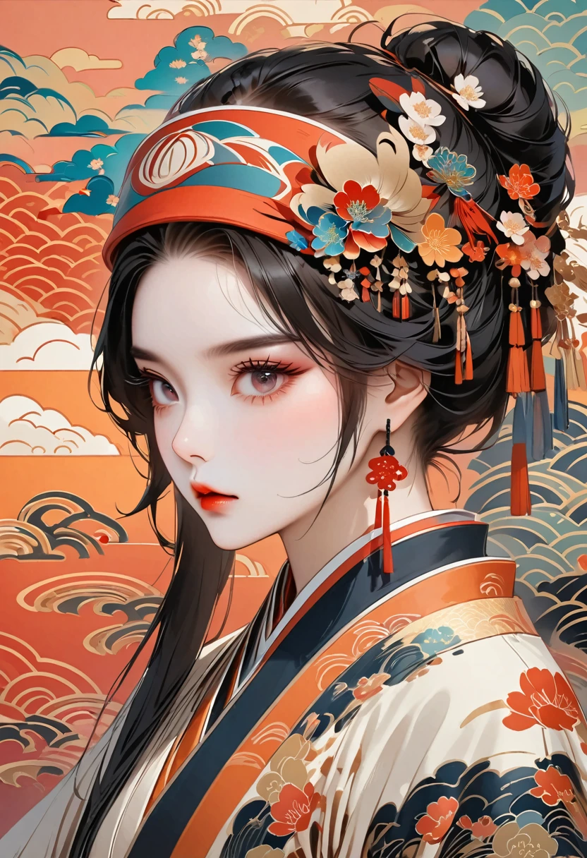 ((Extremely detailed CG unit 8k wallpaper, masterpiece, high resolution, Top quality, Top qualityのリアルテクスチャスキン)), (a very beautiful woman, Full lips, Upper Body, Hands in pockets:1.5, Japanese short outer box:1.2, Parka, Ultra mini shorts), (A black-haired, Messy hair, White skin), ((Colorful background design, Japanese pattern background, warm color)), (Surrealism, number),
