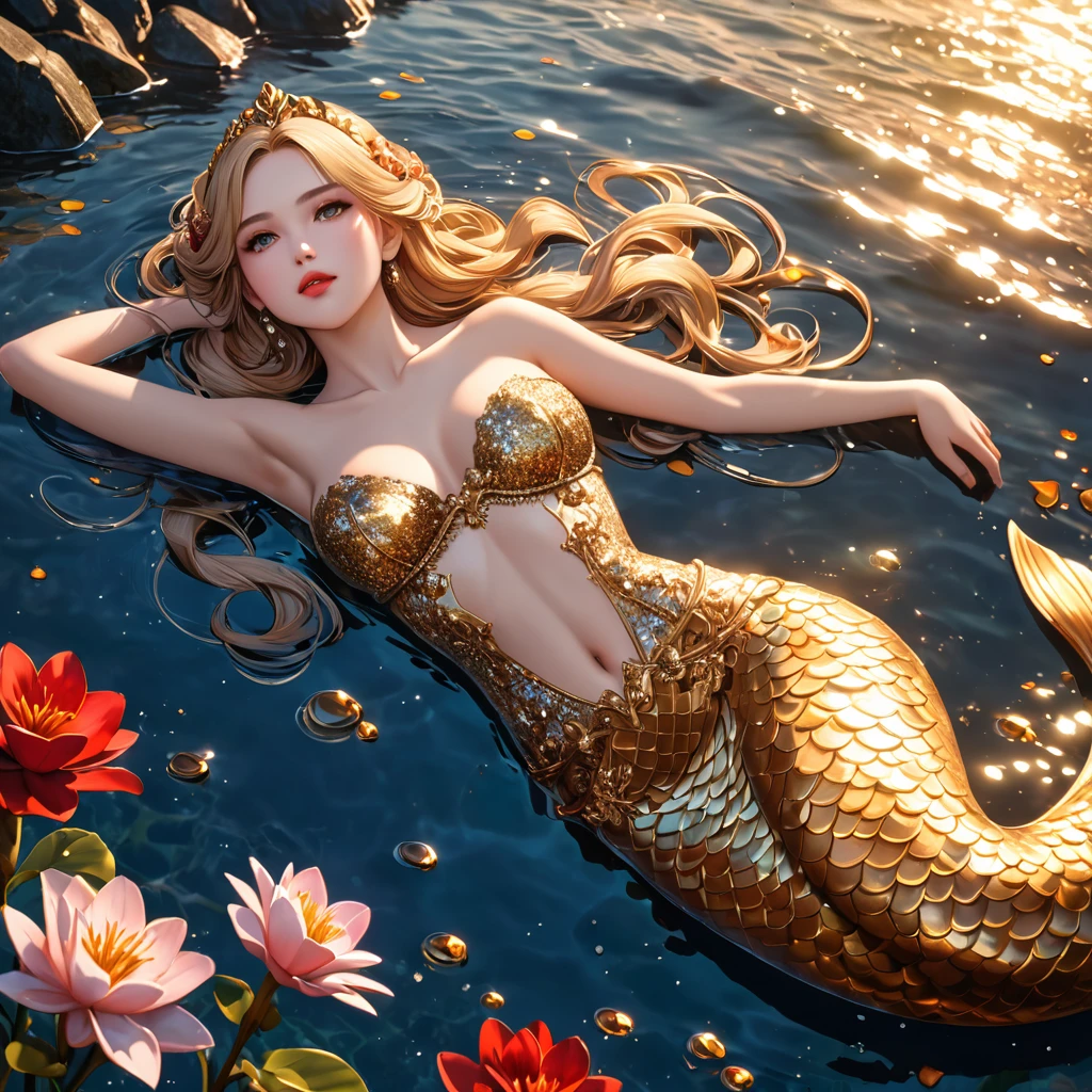 cute 20 year old mermaid princess with blonde hair with braids wearing beautiful hair accessoires laying on the side on the water posing, sunset, wears a golden glittery mermaid bra, beautiful mermaid, beautiful detailed human face, red lips, alluring eyes, elaborated mermaid golden tail, serene, masterpiece, full body shot, highres, high resolution, high quality, intricate details, extremely detailed, incredible details, full colored, complex details, insanely detailed and intricate, extremely detailed with rich colors. masterpiece, best quality, HDR, UHD, unreal engine, High quality, gorgeous, glamorous, 8k, super detail, gorgeous light and shadow, detailed decoration, detailed lines, glittery, fantasy, pretty colors, anime style
