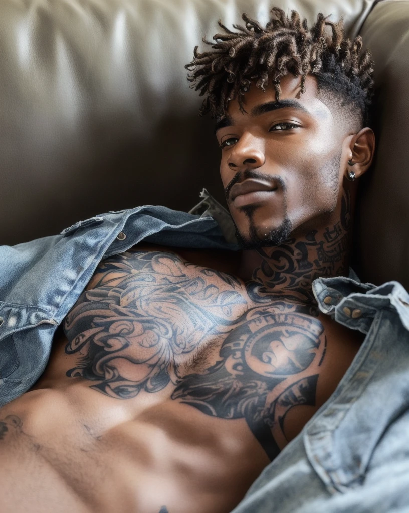 Black man with a tattoo on his chest laying on a couch, tattooed man, inked, with tattoos, alessio albi, tattooed, tattooed body, by Adam Dario Keel, inspired by Adam Dario Keel, arian mark, fully tattooed body, tom of finland style, tattoos all over the skin, sexy masculine, tattoos and piercings, laying in bed, African American man, dark beard, dreadlocks