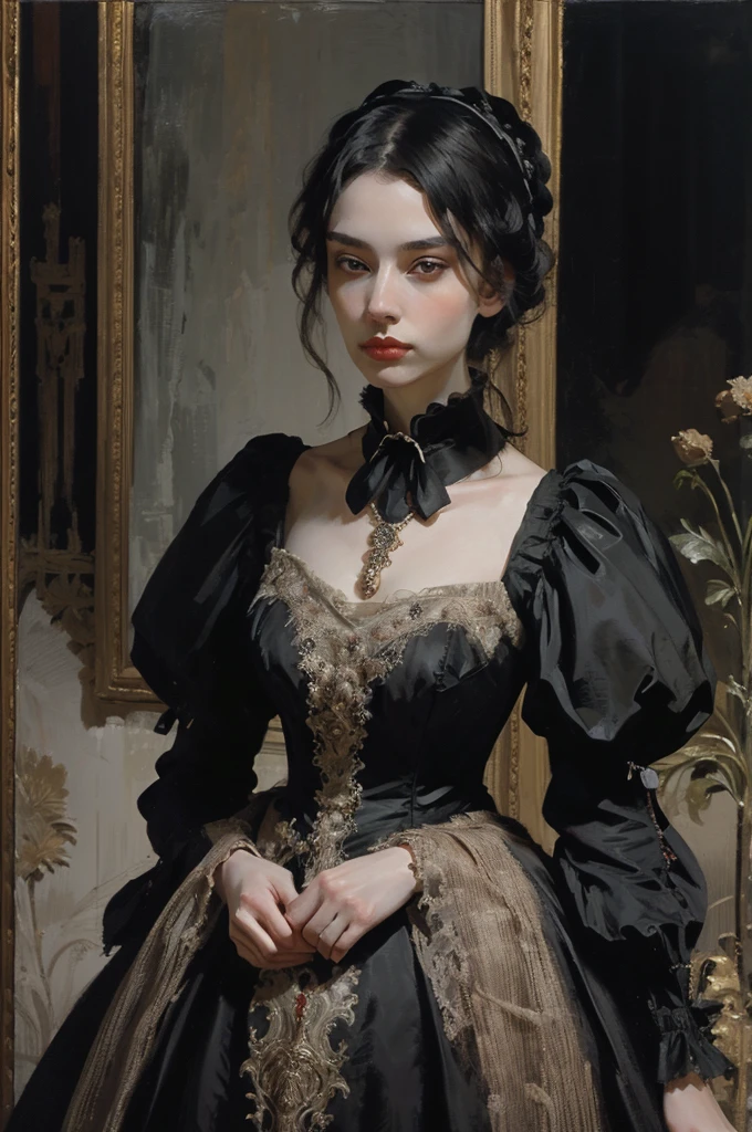 classical painting, ((PORTRAIT: 1.3)), a girl in a black dress, a formal dress of the Victorian style, (Victorian evening dress: 1.3), the dress has a stand-up collar, a young girl 25 years old, pale skin, slender, monochrome image with accent color, red ruby necklace,