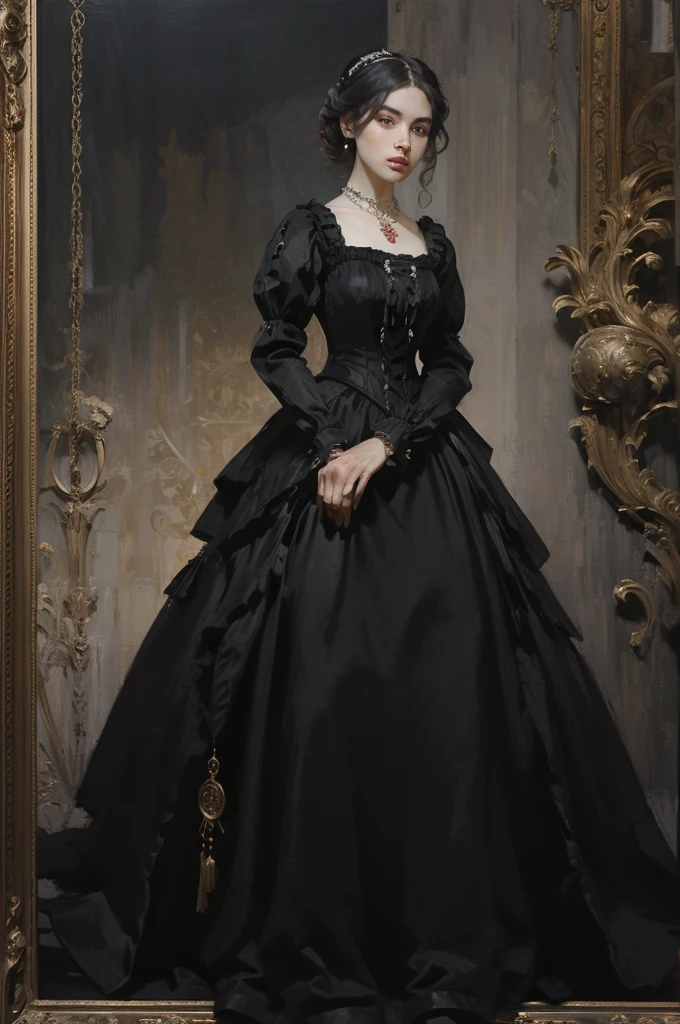 classical painting, ((PORTRAIT: 1.3)), a girl in a black dress, a formal dress of the Victorian style, (Victorian evening dress: 1.3), the dress has a stand-up collar, a young girl 25 years old, pale skin, slender, monochrome image with accent color, red ruby necklace,