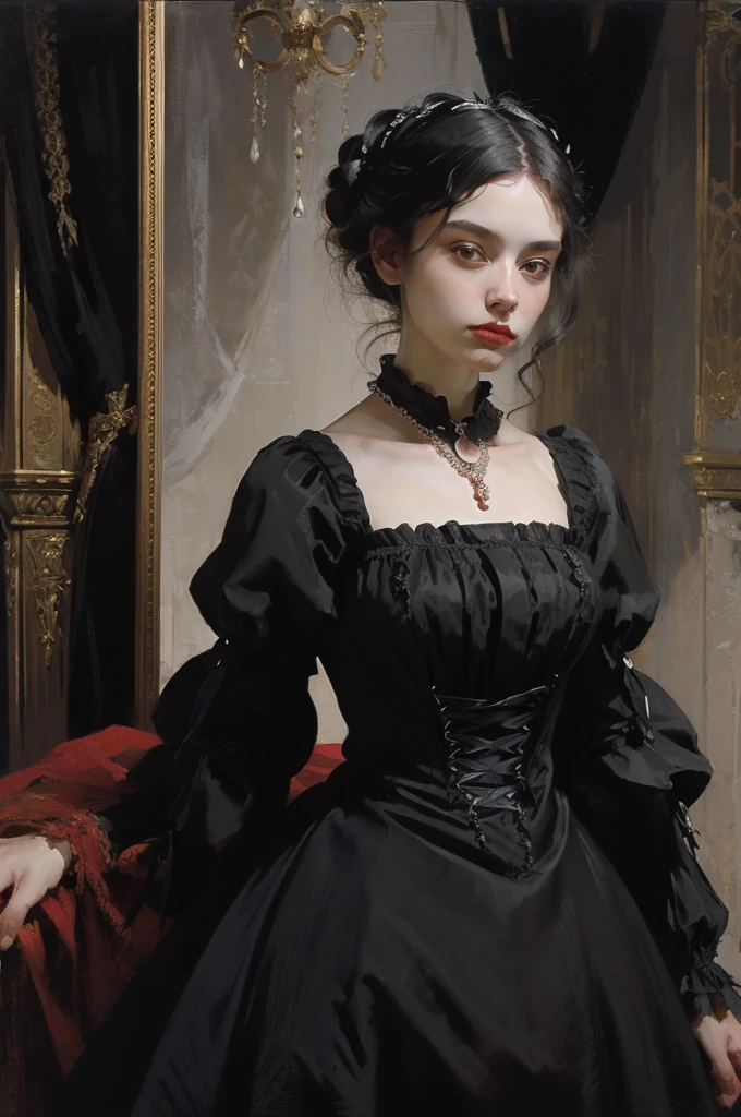 classical painting, ((PORTRAIT: 1.3)), a girl in a black dress, a formal dress of the Victorian style, (Victorian evening dress: 1.3), the dress has a stand-up collar, a young girl 25 years old, pale skin, slender, monochrome image with accent color, red ruby necklace,