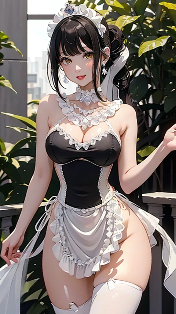 (((masterpiece, super high resolution, ultra HD, 8K quality))), (((((woman in shining white colored corset dress))))), (((See-through revealing dress))), (((((shining Black pony tail Hair))))) , (((beautiful sparkling yellow eyes, pupils with highlights))), ((bangs bangs)), pink lips, sexy expression, ((highly detailed)), (perfectly detailed face), (detailed and carefully drawn hands), (((very Big Tits))), (((charming smile))), photorealistic image, silver tiara and earrings, pearl necklace, jade bangle, diamond ring, Beautiful figure from the knees up, standing, beautiful pose
