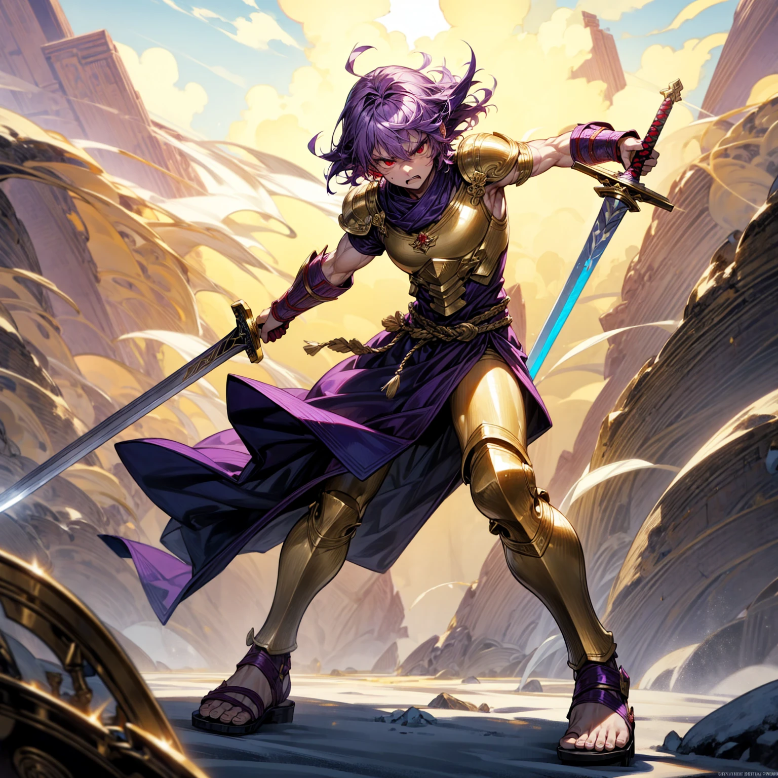 boy, big muscle, Full background in snow Castle, red eyes, angry, angry eyes, short Curly hairstyle, purple colour hair, motion blur, lighting, gold armor, two sword in two hand, sandals, ancient Greek clothing, smoke effect, fire effect, blood on sword, lighting on sword
