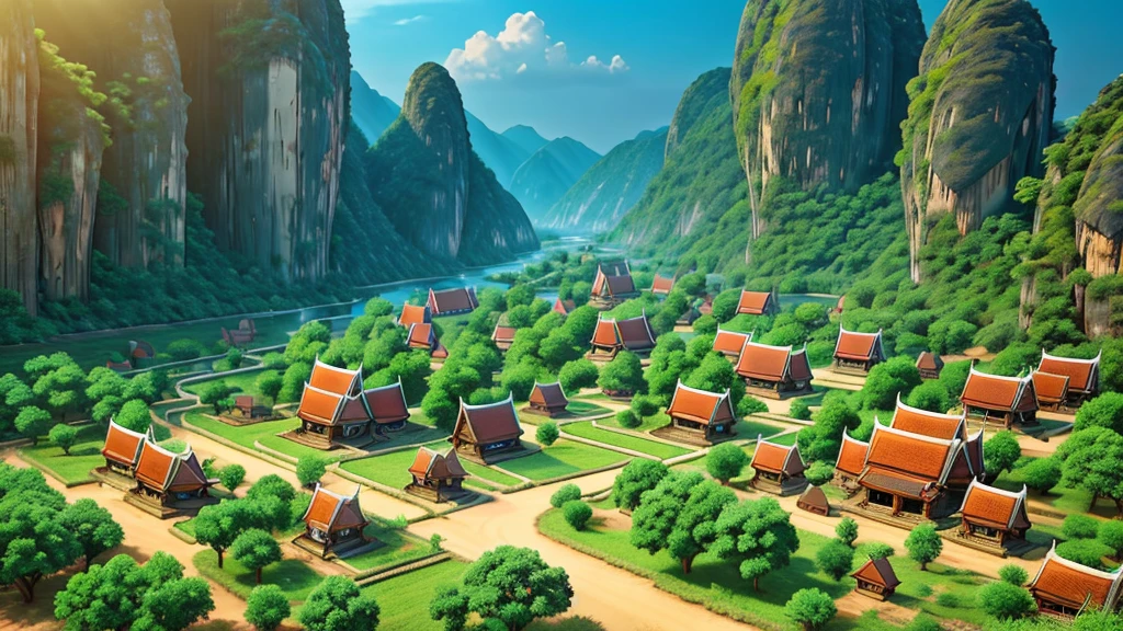 Beautiful scenery of ancient Thai village. Aerial view, Photorealistic photos, High definition.
