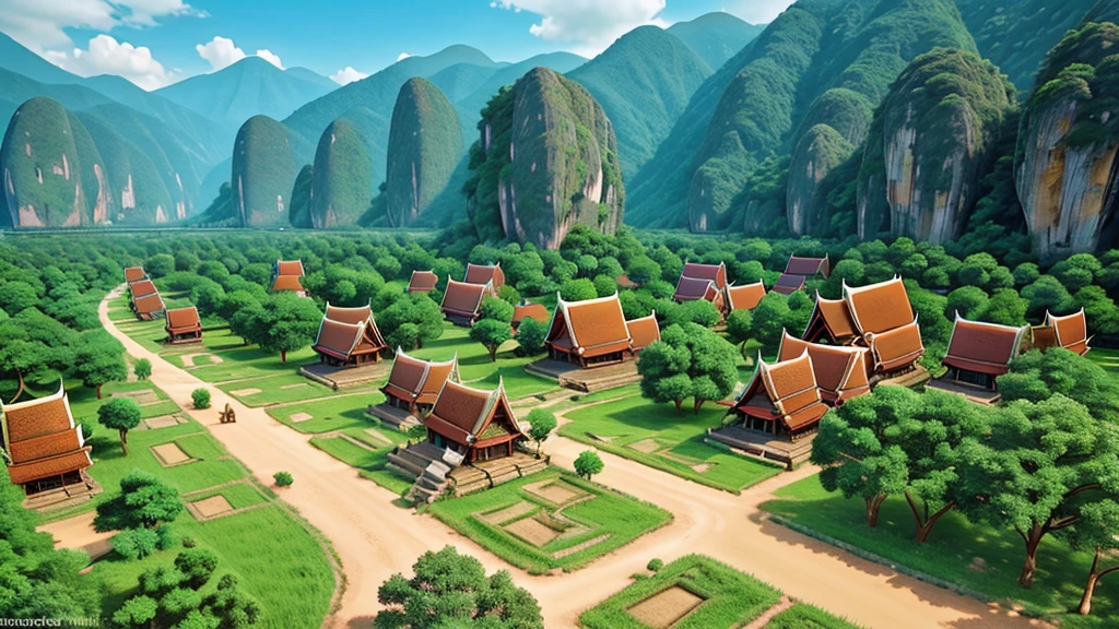 Beautiful scenery of ancient Thai village. Aerial view, Photorealistic photos, High definition.
