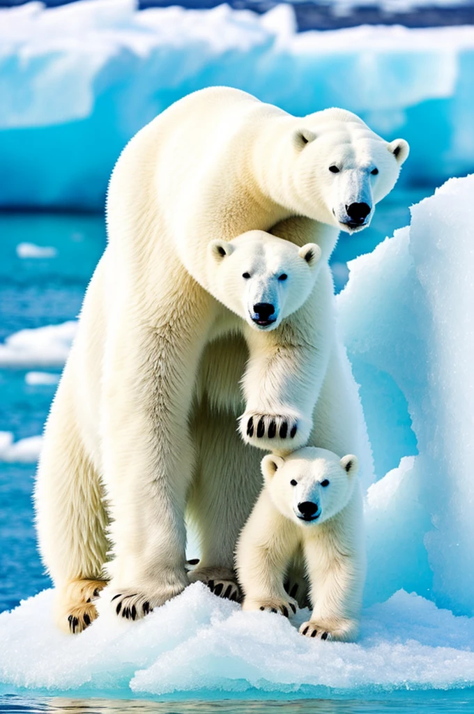 cute 2 polar bear in ice hold with iceberg backgroung