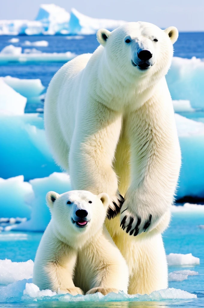 cute 2 polar bear in ice hold with iceberg backgroung