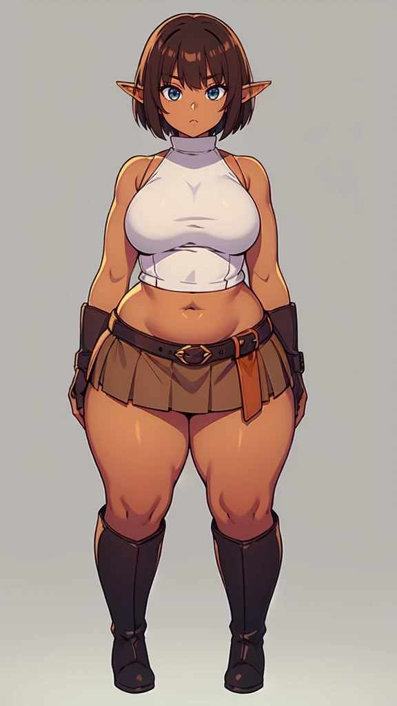 ((blank background)), (((full body))), masterpiece, best quality, thief girl, ((huge girl)), (random hair color), (wide hips:1.4), (thick thighs:1.3), ((dark skin)), ((short brown skirt)), ((long legs)), female muscular:0.8, (curvy:1.4), standing, sleeveless, fingerless gloves, leather armor, ((hime cut)), ((symmetry)), ((long boots)), belt under navel, elf ears