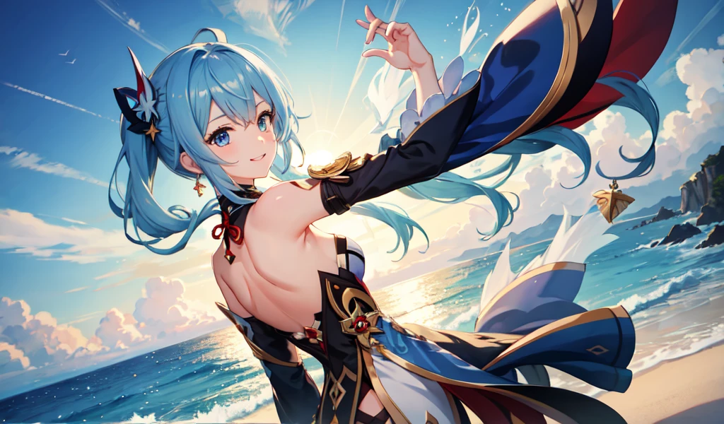 ((Highest quality)), ((masterpiece)), (detailed), One girl, ((masterpiece)), Navia style in Genshin Impact , With the sea in the background , Back of the ship , gem, Sweet expression, smile,The sun is shining, Expressive blue eyes, Futomomo Band,Flexion and extension,