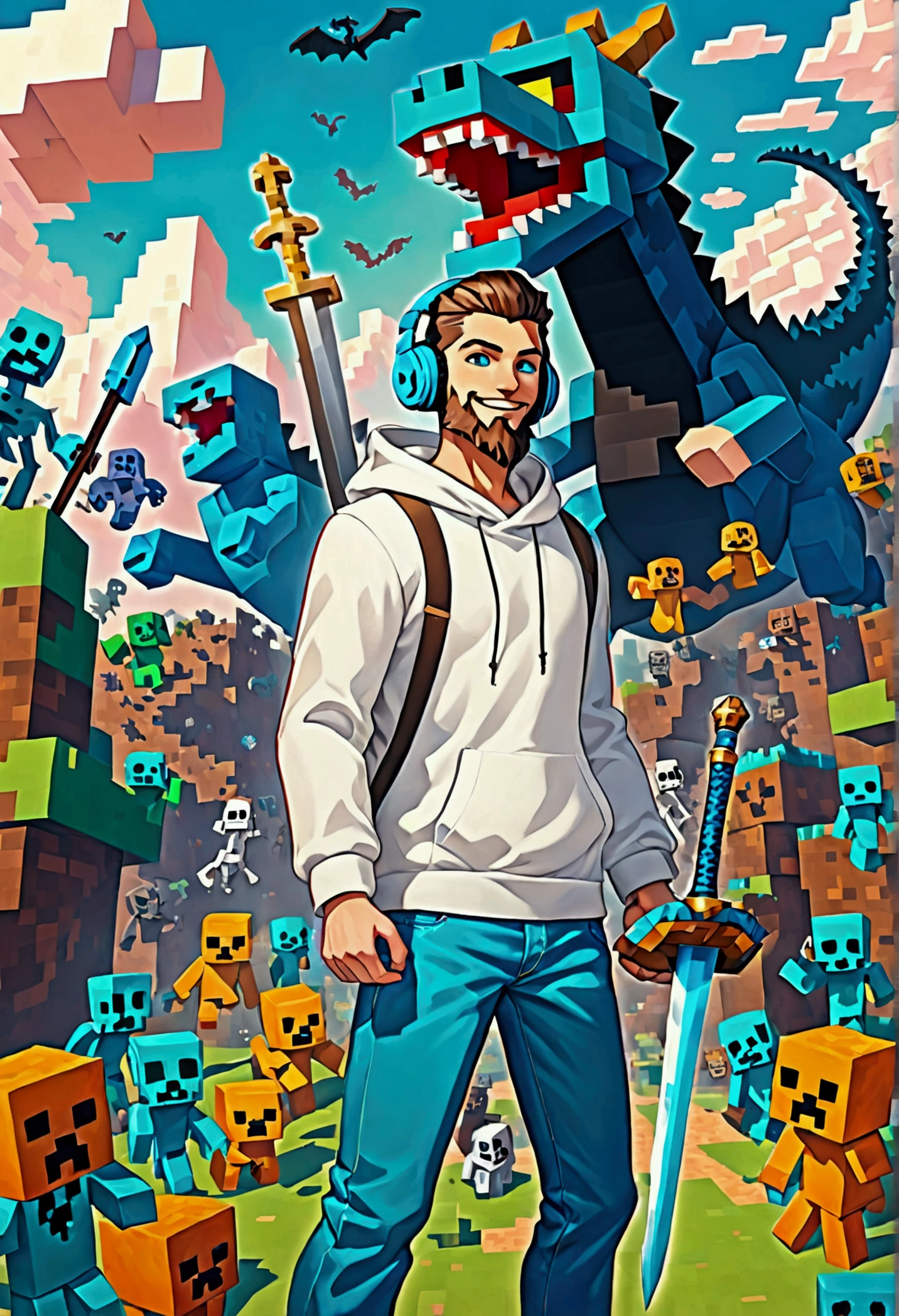 (Male), (6'2"), (Brown spiked pompadour hair), (Close shaven brown full beard) (White Hoodie), (Navy jeans), (Black gaming headphones around neck), (Smiling), (wielding a blue teal sword and a wooden bow), (Surrounded by Blocky ghosts and Minecraft zombies, creepers, and skeletons), (in a Blocky world with a large blocky black dragon in the sky)