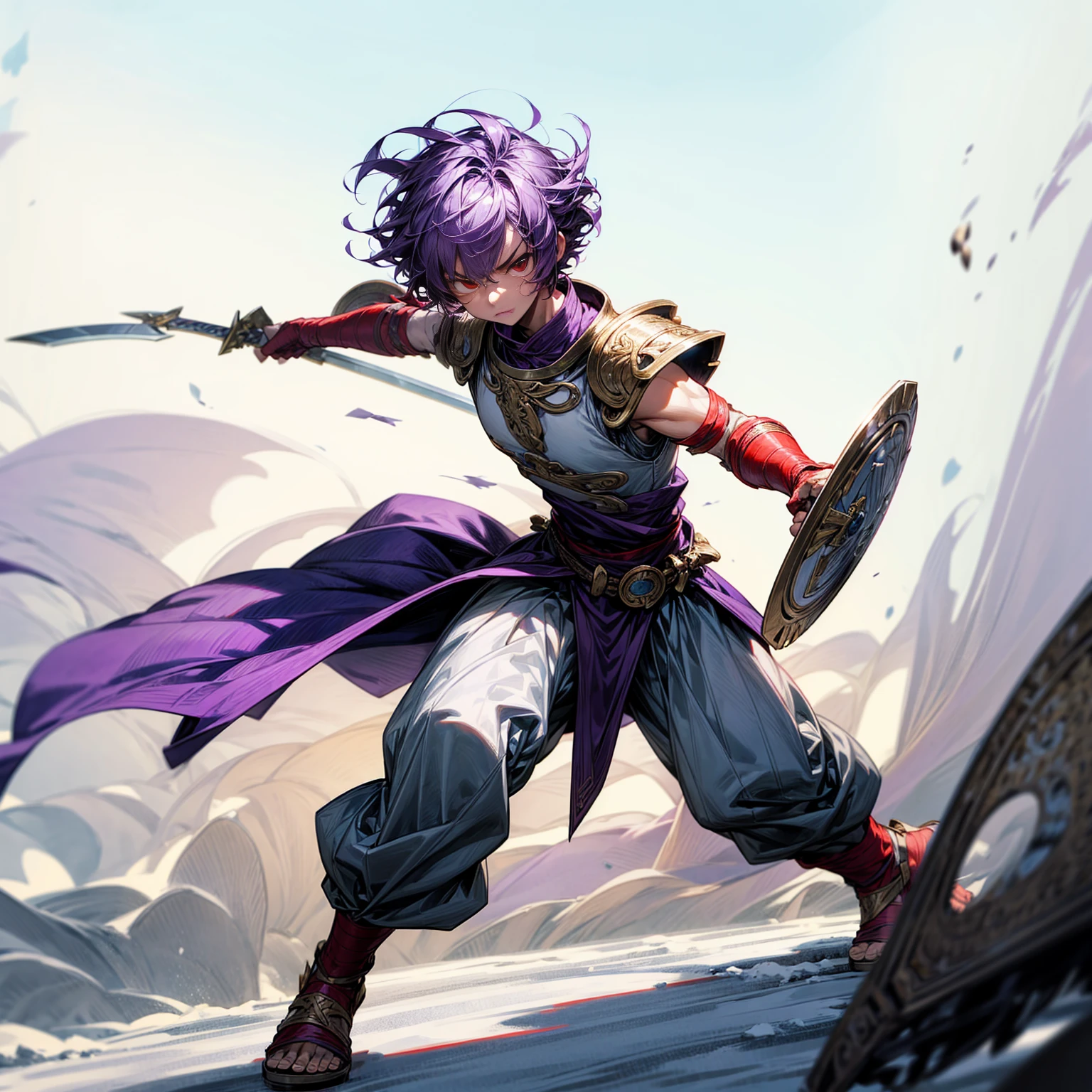 boy, Full background in snow town, red eyes, angry, angry eyes, short Curly hairstyle, purple colour hair, motion blur, lighting, armor, sword in hand, Small shield in hand, sandals, ancient Greek clothing