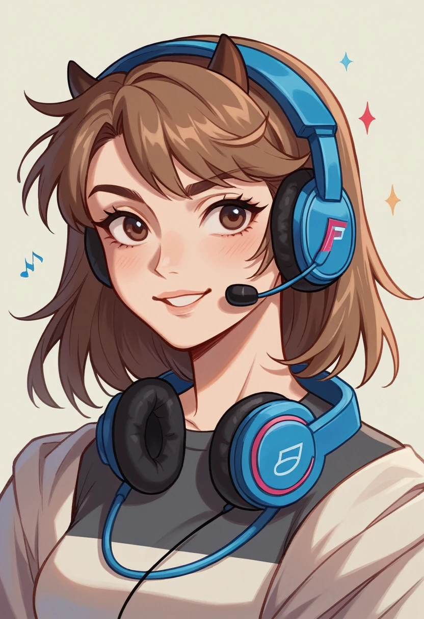 Generate me an image of a female standing wearing a close up of a pair of headphones with a brown band, headset, modernist headphones, bronze headset, velvia, headphones, floating headsets, hifi, lux 3 5 fle, upbeat, with head phones, vintage - w 1 0 2 4, sleek metal ears, vintage style, with headphones, horn, headphones on, high quality product photo, gallant on her ear hearing music        I mean brown band oo