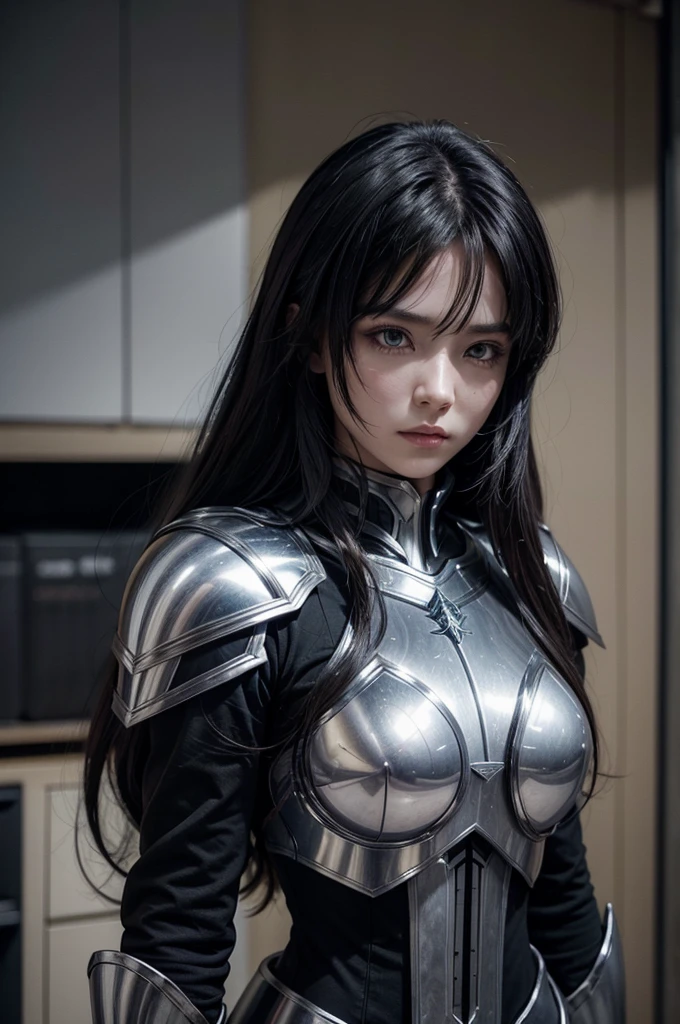 Generate an image of a woman wearing armor in the style of the anime Saint Seiya, This armor must be black, have details that resemble a gothic style, dropped shoulder pads that resemble long hair