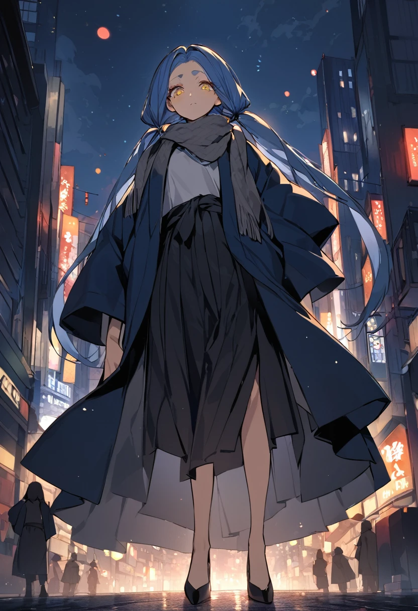 japan city in night(One very tall woman with her hair in twin tails, exposing her forehead.,Navy Blue Hair,yellow eyes,Black haori,Black Hakama,Wear a grey scarf around your neck)