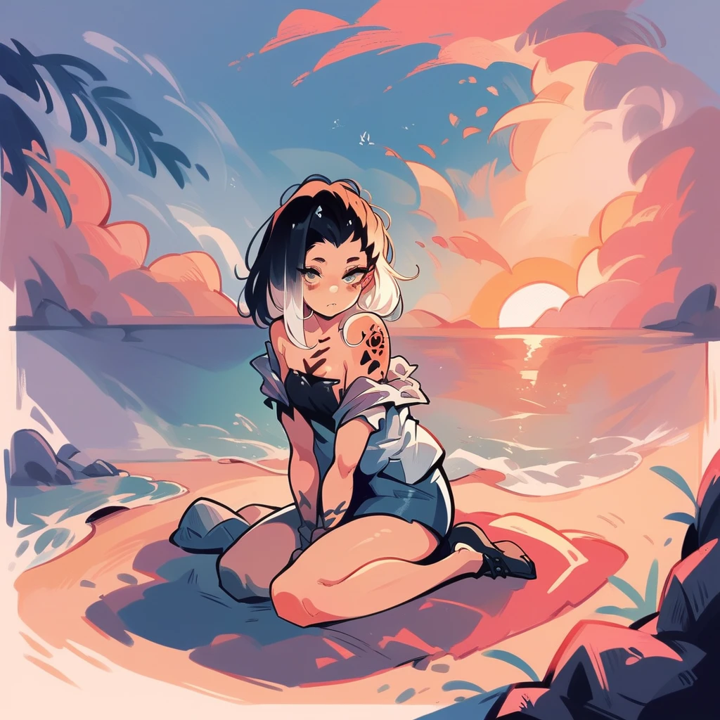 Beautiful picture of fade_valorant sitting on the beach enjoying the view, bikini, sitting on a rock, sunset, shoulders tattoo of a bear paw