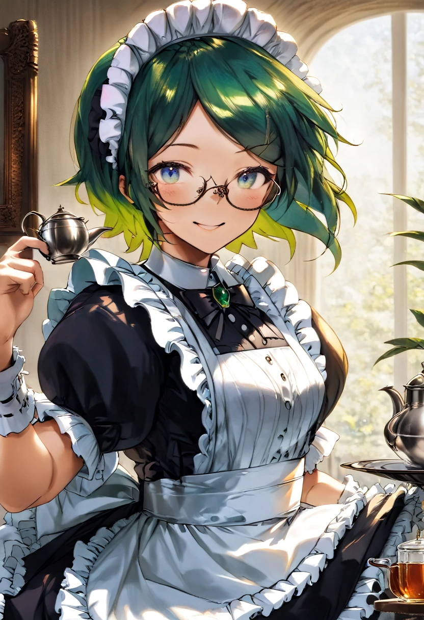 Girl, Long green Hair, wearing glasses, Emerald eyes, Victorian maid, Tea-pot, Smile, Freckles.