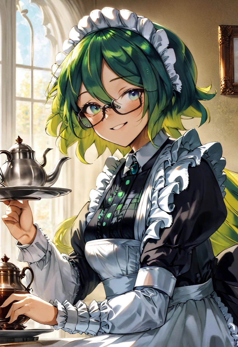 Girl, Long green Hair, wearing glasses, Emerald eyes, Victorian maid, Tea-pot, Smile, Freckles.