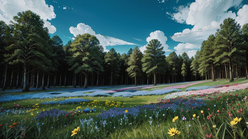 magic forest, flowers, blue sky, clouds