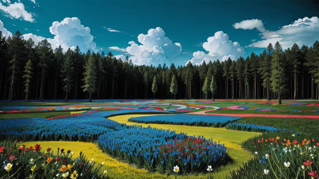 magic forest, flowers, blue sky, clouds
