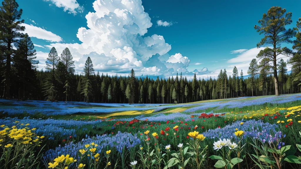 magic forest, flowers, blue sky, clouds