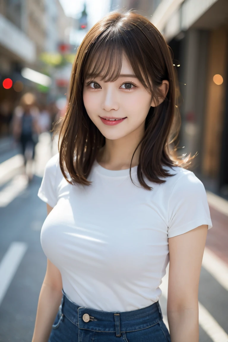 Shopping street: Tight shirt and shorts, Highest quality, shape, Very detailed, In detail, High resolution, 8k wallpaper, Perfect dynamic composition, Beautiful details, Natural Lip, タイトなTシャツ くっきりと乳首のshapeが浮き出ている, Big Breasts, 胸の谷間 乳首のshapeが浮いている, She is smiling in a cute pose.., A masterpiece of the whole body, Side Short