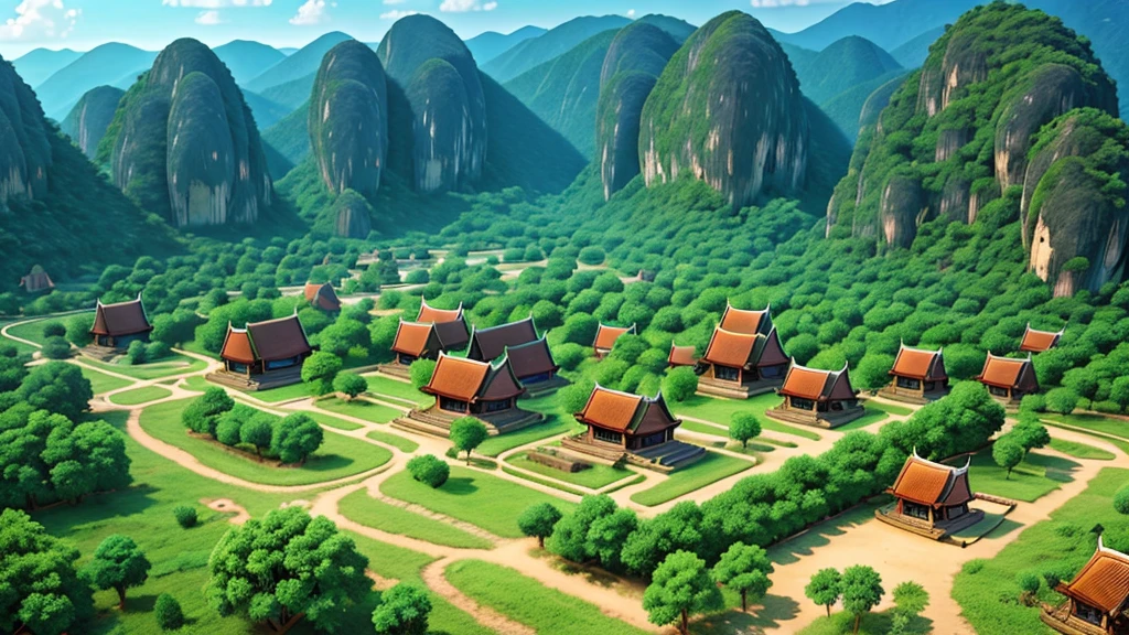 Beautiful scenery of ancient Thai village. Aerial view, Photorealistic photos, High definition.