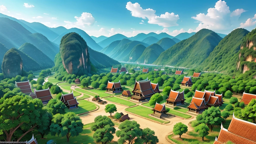Beautiful scenery of ancient Thai village. Aerial view, Photorealistic photos, High definition.