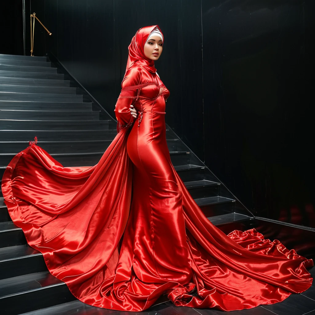 a woman in the translucent silk red gown, tight full body tied, satin sheet, nipple on with nipple piercing, wear modern hijab, full body, long satin,mermaid tight long gown, flowy dramatic long gown, tall women, walk in rush, wear high heels,tripping in gown, having trouble with her gown, masterpice 