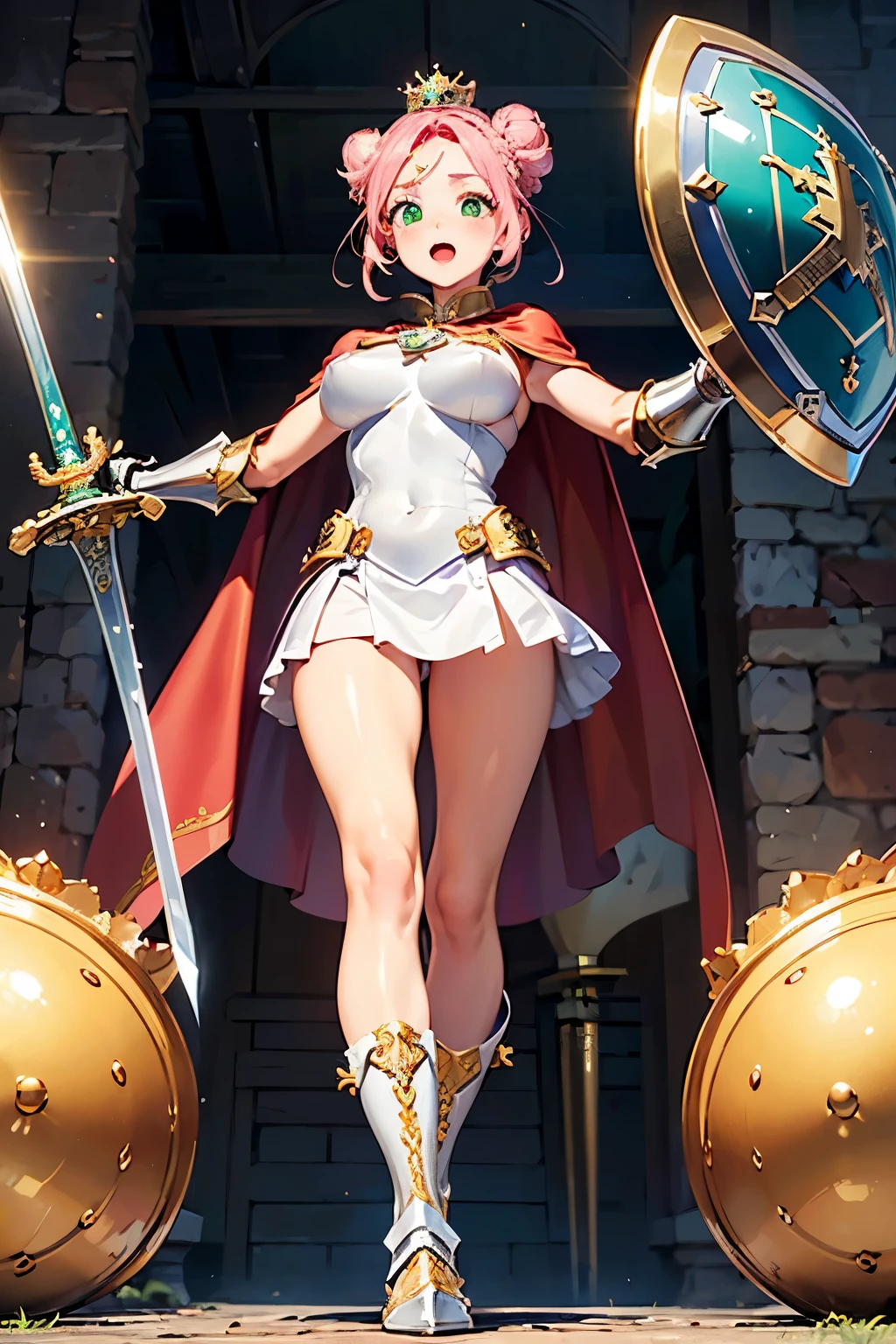 best quality, (masterpiece:1.3), absurdres, highres,16k, ultra high res, official art, illustration,extremely detailed, 1girl, solo, full body, 20yo,
delicate lines tailed face,(top knot bun :1.5), (parted bangs:1.2),
(beautiful pink hair:1.2), (shiny hair:1.2), (beautiful green eyes:1.2), (shiny eyes:1.2), (large breasts), (gleaming skin:1.4),
looking at viewer, simple background, (from below), in castle,
standing, (dynamic pose), serious with open mouth,
(brave lady), (fantasy), (armor, sword, shield, crown, boots, cape:1.5)