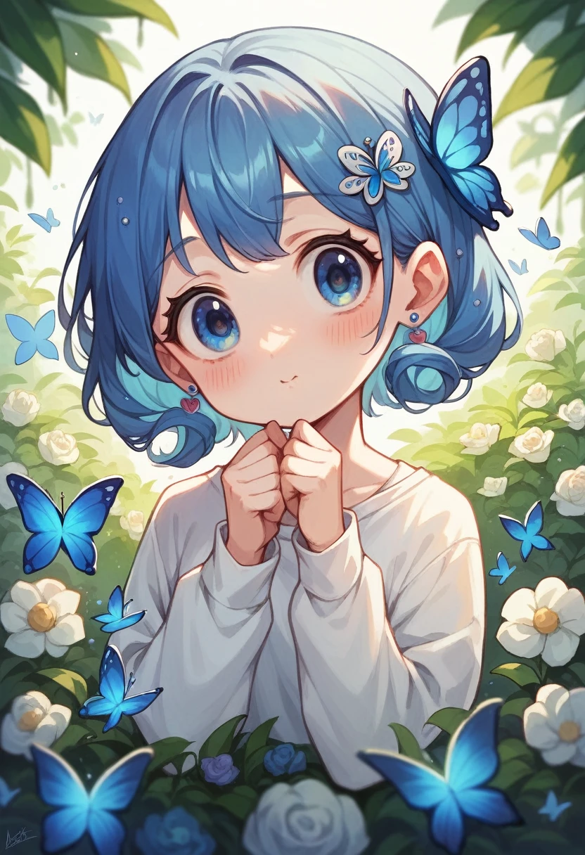 1 girl, blue hair, big eyes, blushed cheeks, wearing a white top, blue butterfly hairpin in hair, blue earrings on ears, soft lighting, garden background, flowers, best quality,masterpiece