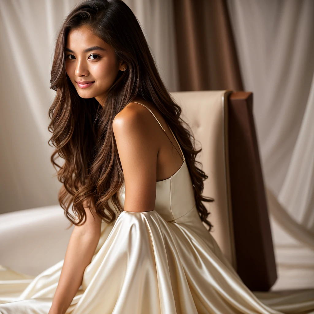 a beautiful teenage philippine model, detailed face, long hair, perfect skin, wearing an elegant silk dress, posing and smiling in a photography studio, professional studio lighting, high quality DSLR camera, dramatic lighting, soft focus, warm color tones, cinematic composition, photorealistic, extremely detailed, 8k, masterpiece