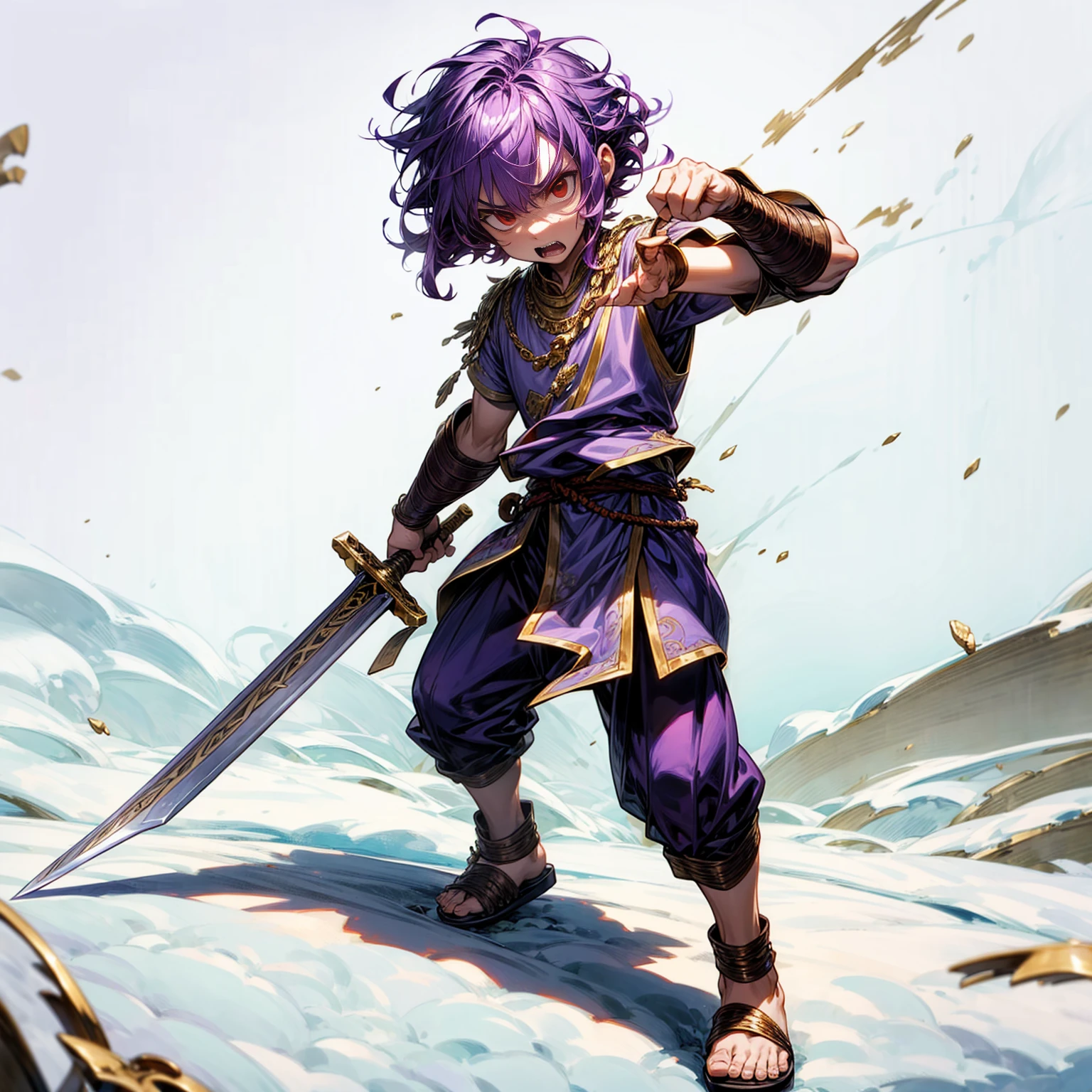 kid boy, Full background in snow town, red eyes, angry, angry eyes, short Curly hairstyle, purple colour hair, motion blur, lighting, gold  gold, sword in hand, sandals, ancient Greek clothing,
