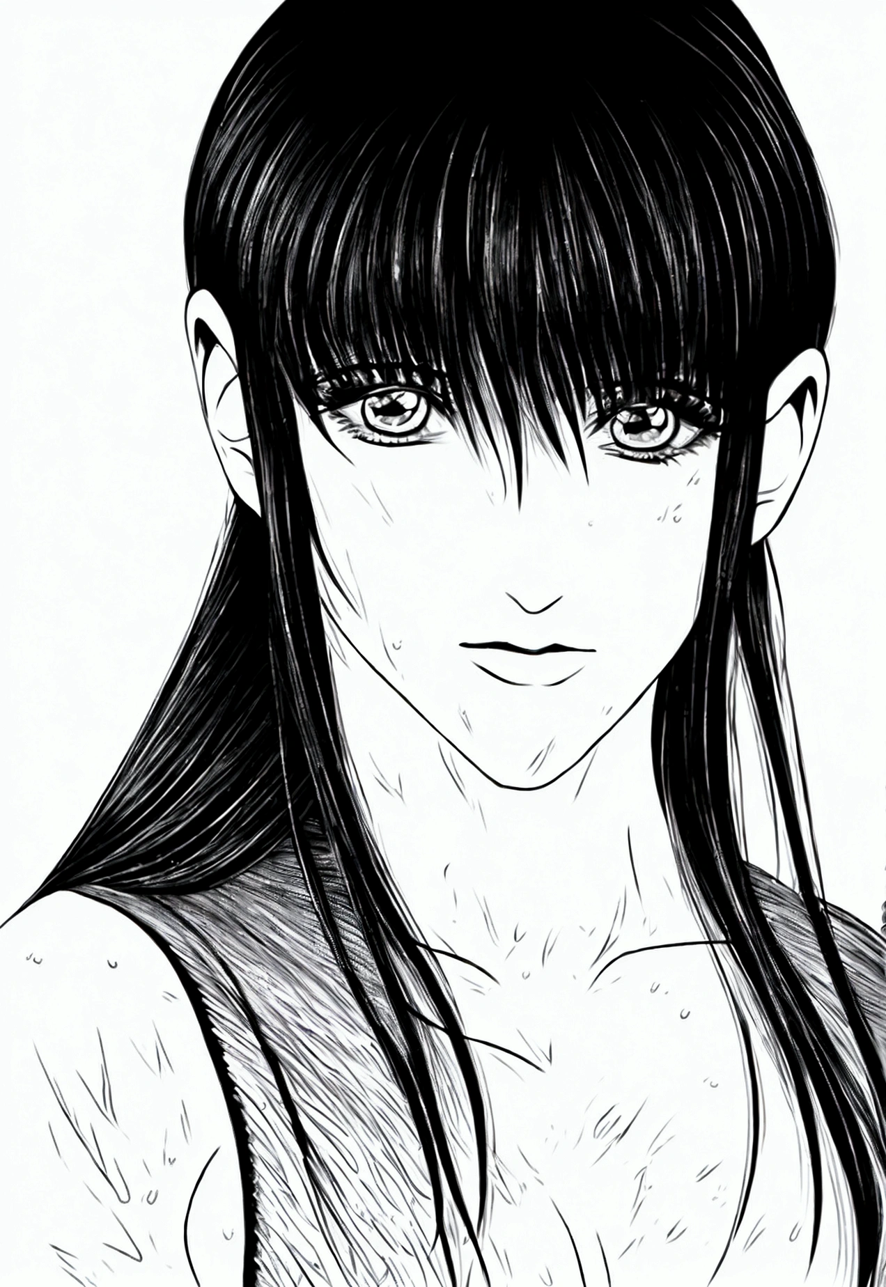 maximum quality, work of art, ultra high definition, (photorrealistic: 1.4), CRU photo, 1 girl, Bblack hair, shining skin, body soaking wet, dramatic lighting, whole body, (((microbiquini)), Colossal; Cartoon Style, sketchbook style
