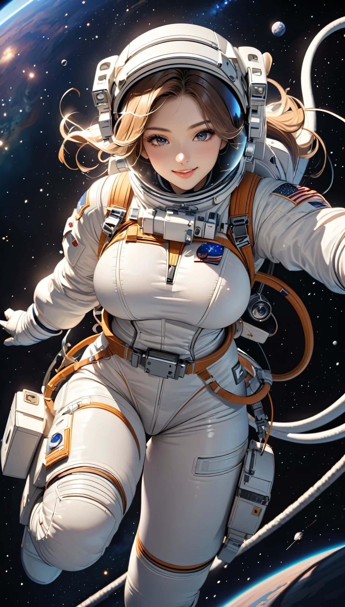 (masterpiece:1.2, Highest quality,High resolution,Very detailed),8k,wallpaper,(Female astronaut doing a spacewalk),Spacesuit,Milky Way,milky way,(Cute smile),(sexy),(Voluptuous:1.3),(Rendering something floating in space),(((Hand,detailed,perfect,perfection,hands))),(dynamic:1.6),((action shot))