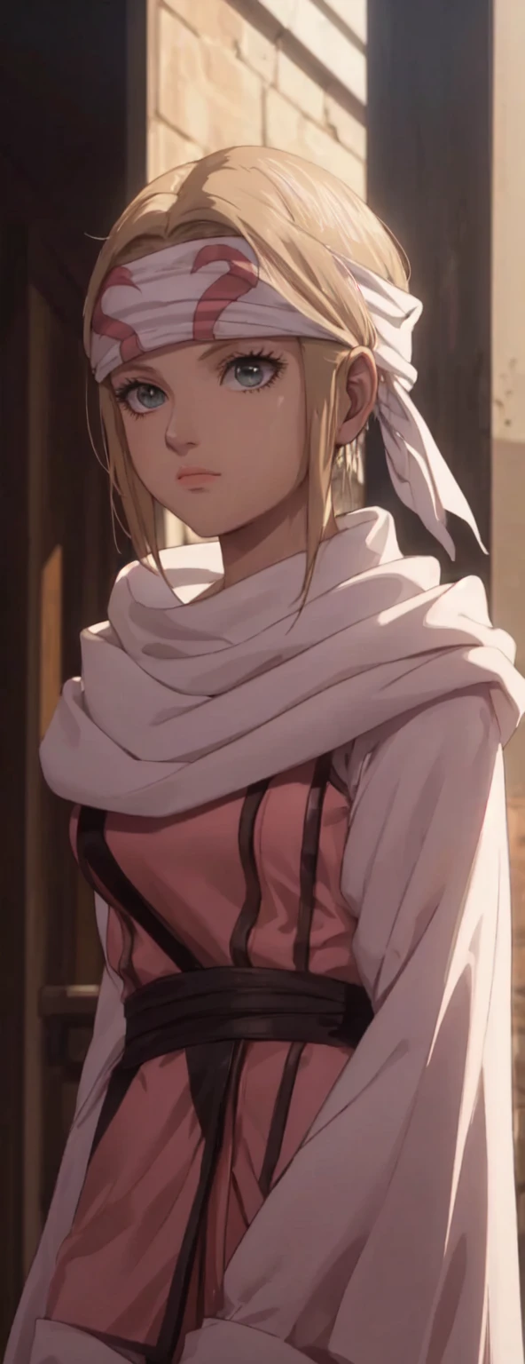 masterpiece), best quality, high resolution blonde 1girl bob cut medium hair standing alone cowl headband profile image looking at viewer beautiful eyes beautiful face extremely detailed pink clothing girly