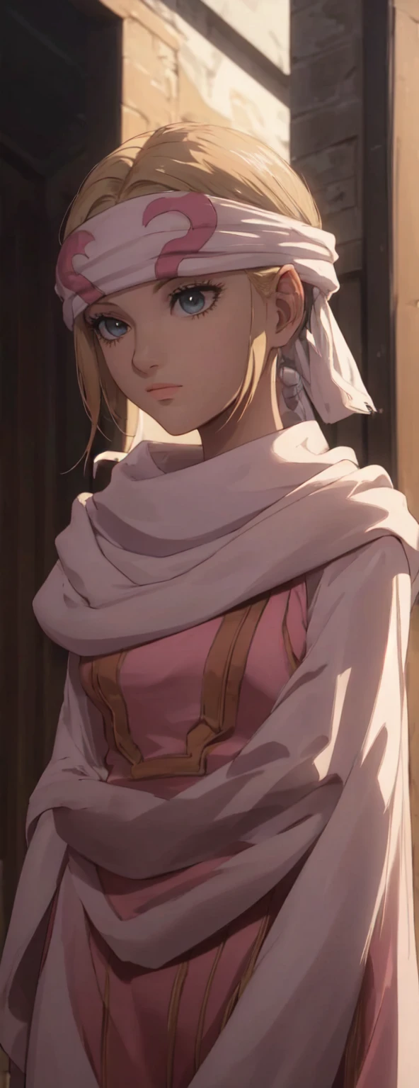 masterpiece), best quality, high resolution blonde 1girl bob cut medium hair standing alone cowl headband profile image looking at viewer beautiful eyes beautiful face extremely detailed pink clothing girly