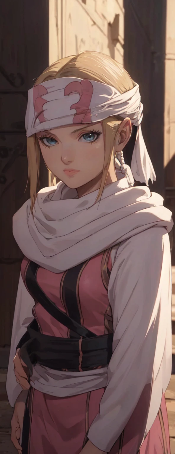 masterpiece), best quality, high resolution blonde 1girl bob cut medium hair standing alone cowl headband profile image looking at viewer beautiful eyes beautiful face extremely detailed pink clothing girly