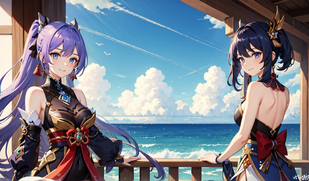 ((Highest quality)), ((masterpiece)), (detailed), One girl, ((masterpiece)), Navia style in Genshin Impact , With the sea in the background , Back of the ship , gem, Sweet expression, smile,The sun is shining, Expressive blue eyes, Futomomo Band,Flexion and extension,Purple Hair