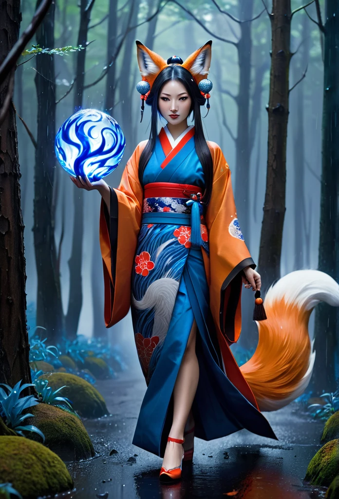 Masterpiece, Extremely detailed, (A beautiful kitsune woman walking in a rainy forest holding a small ball of blue fire), facing viewer, dynamic pose , fox ears, nine fox tails, traditional Japanese clothing with white, red, and black colors.